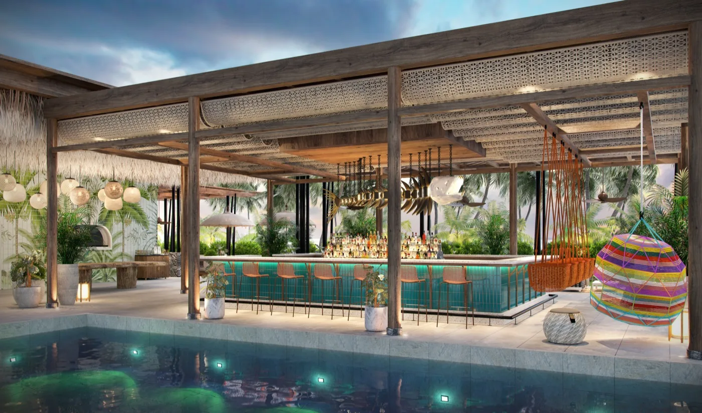 The pool bar under a timber roof, tiled in turquoise