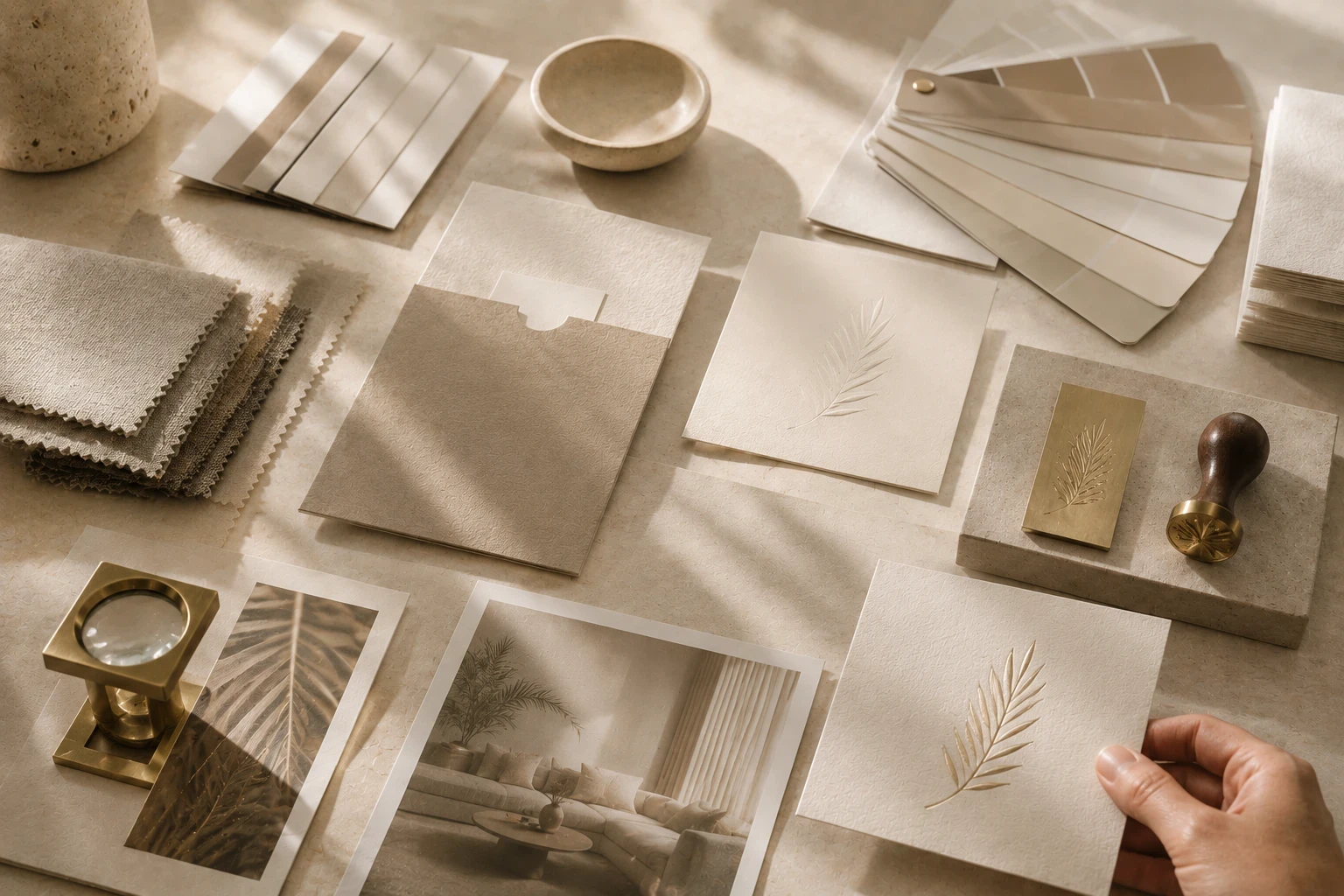 Printed hotel collateral, swatches and a brass stamp