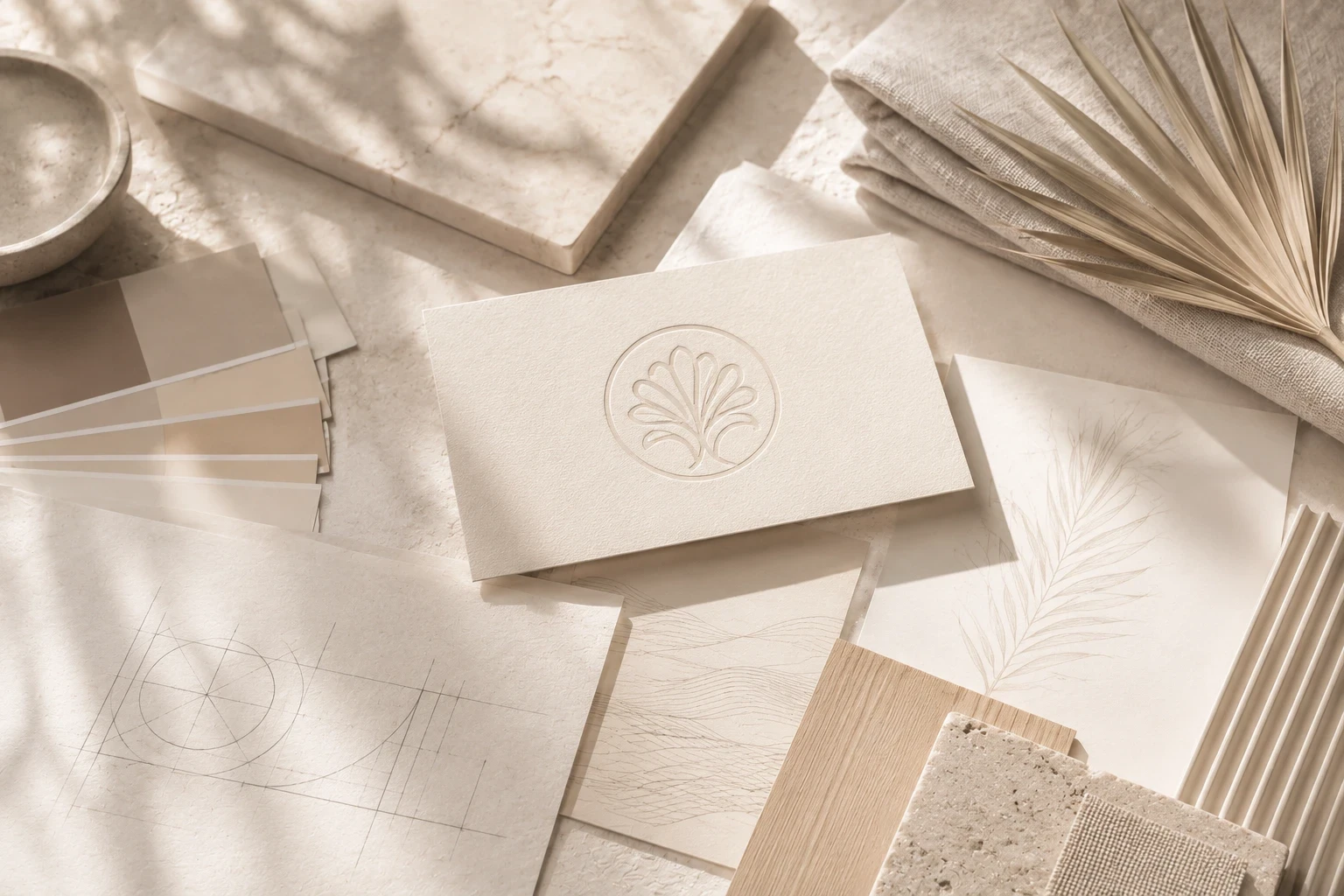 A hotel logo embossed on a card among colour swatches