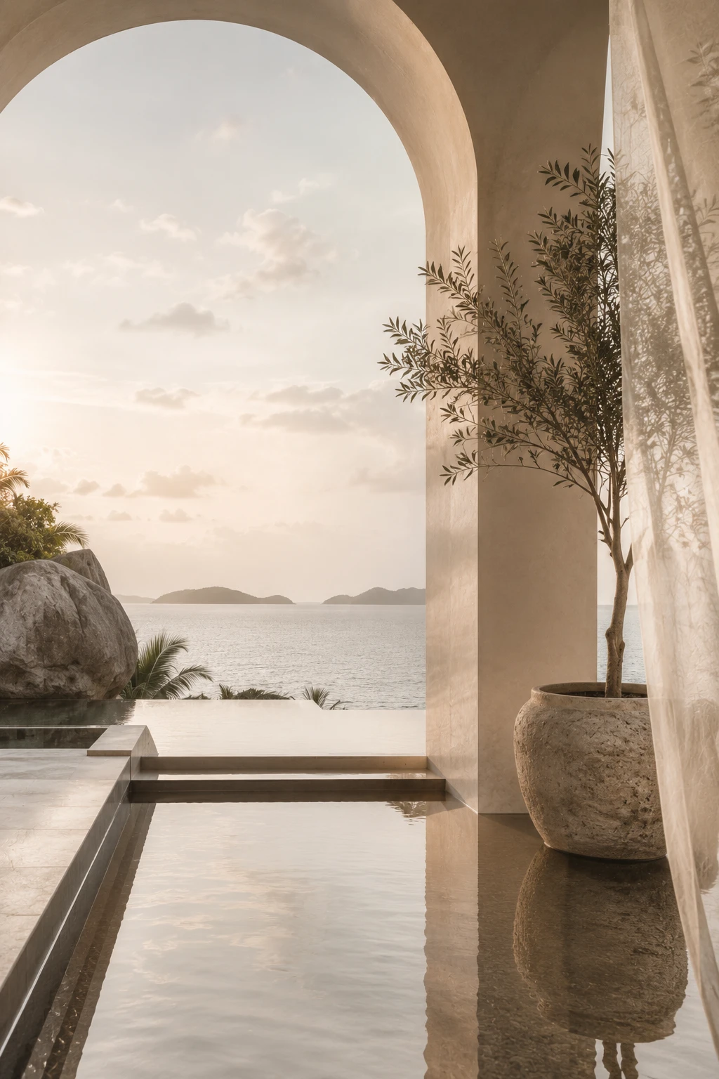 A table set at golden hour, overlooking the ocean